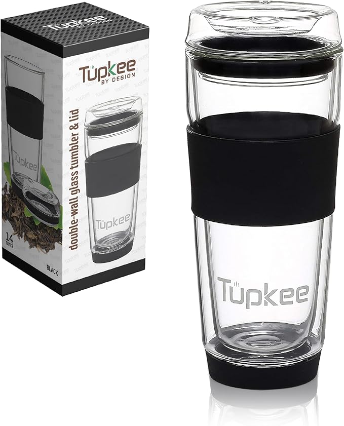 Tupkee Double Wall All Glass Tumbler - 14-Ounce, Reusable Insulated Tea/Coffee Mug & Lid, Hand Blown Glass Travel Mug - Black - 2 Pack