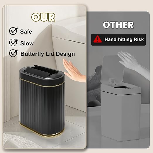 ELPHECO Bathroom Trash Can with Lid Butterfly, Motion Sensor Trash Can Bathroom Decor Automatic Garbage Can Wastebasket Bathroom Accessories, Kitchen, Living Room, Office, Black Gold