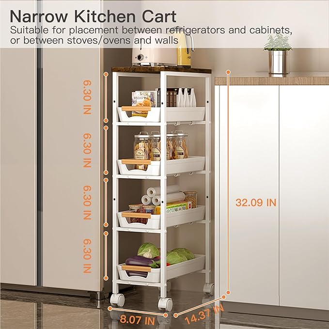 5 Tier Slim Rolling Storage Cart with Wood Top, Narrow Laundry Room Organizer for Tight Gaps, Metal Bathroom Gap Filler, Kitchen Pantry Trolley, Small Spaces (White)