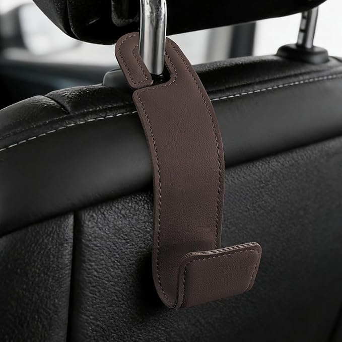 1PCS Purse Holder for Car, Purse Hook for Car, Leather Headrest Hooks for Automotive Back Seat, Auto Accessories Back Seat Organizer Hook for Grocery Bag Handbag Coat (Brown, 1PCS)
