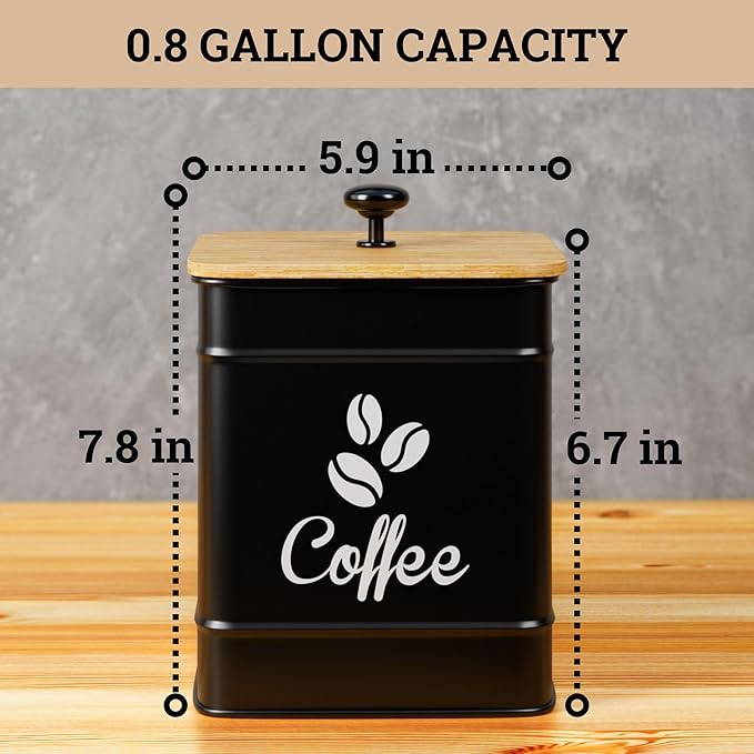 Airtight Coffee Canister - 40 oz Large Iron Black Coffee Container Airtight - 6 x 8 inch Metal Jar - Stylish Countertop Container for Coffee Grounds, Beans, Pods & More with Rubber-Lined Bamboo Lid