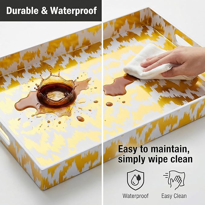 Zosenley Decorative Serving Tray with Handles - 16" x 12" Large Rectangle Coffee Table Decor - Modern Gold Aesthetic Vanity Tray for Ottoman, Bedroom & Bathroom