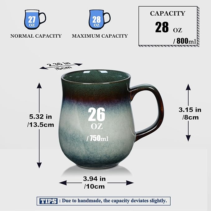 28 Oz Extra Large Ceramic Coffee Mug with Big Handle, Handmade Glazed Oversized Tea Cup for Office and Home, Microwave and Dishwasher Safe, Jumbo Coffee Mugs for Hot and Cold Drinking (Ink Green)