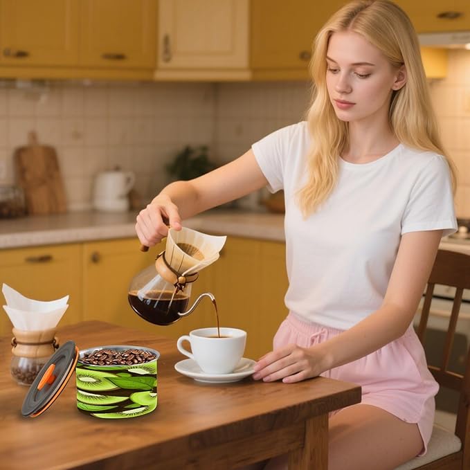 Qilmy Kiwi Fruit Air-Less Vacuum Coffee Storage Container-Airtight Stainless Steel Food Canister with Lid for Beans, Ground Coffee, Tea, Dry Goods, 30oz Kitchen Organizer Jar