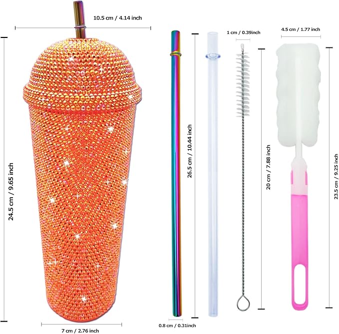 24oz Bling Cup Handmade Rhinestones Studded Tumbler Double Wall Insulated Plastic Reusable Water Bottle with Lid and Straws for Home Office Party Beach(Orange)