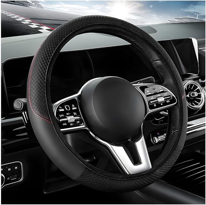 Elastic Steering Wheel Cover - Carbon Fiber Vehicle Protector with Anti-Slip Lining, Microfiber Leather (Black, AD)