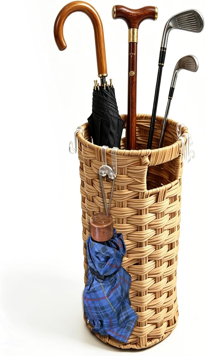 Rattan Umbrella Stand with Drip Tray - Hand Woven Freestanding Entryway Umbrella Holder, Small Rattan Rack Organizer with 4 Hooks for Folding Umbrellas & Canes, 7.5" L x 7.5" W x 16.5" H
