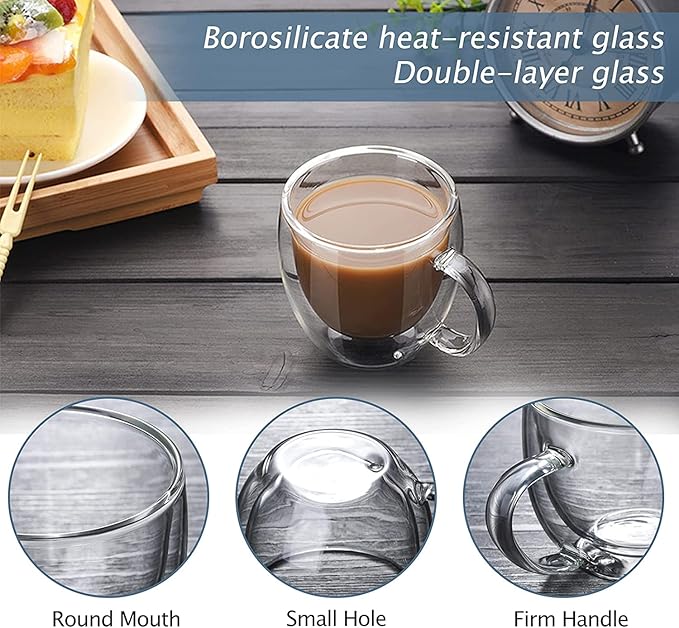 8oz Double Walled Glass Coffee Mugs with Handle, Clear Cappuccino Glass Mug Set of 4, Insulated Layer Coffee Cups, Clear Borosilicate Glass Mugs, Glasses Espresso Mugs for Coffee