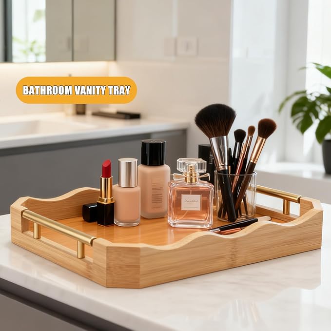 Decorative Bamboo Serving Tray Set with Gold Metal Handles, 2 Pack Ottoman Coffee Table Trays, 14.5x9.8 and 15.75x11 Inches (Bamboo Color)