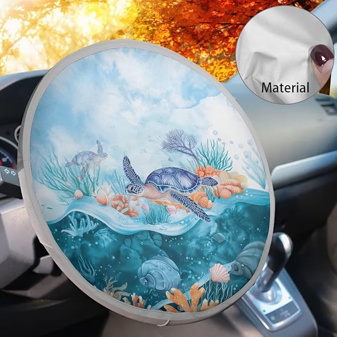 Sea Turtle Shell Coral Pattern Steering Wheel Sun Shade Steering Wheel Sunblock Cover Vehicle Steering Wheel Protector Block UV Rays Interior Accessories for Truck Van Car SUV