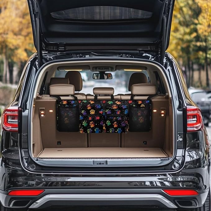 Colorful Dog Paw Print Backseat Trunk Organizer for Car Trunk Storage Bag Large Capacity Car Organizer for SUVs & Sedans