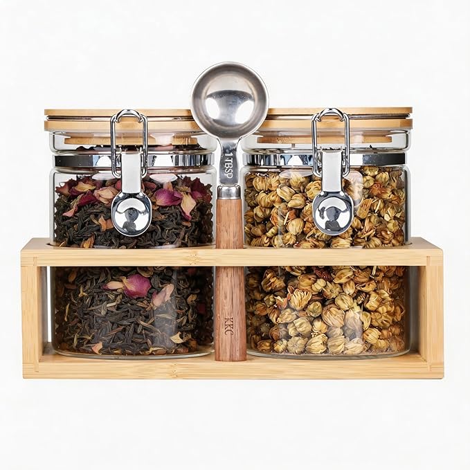KKC Glass Tea Canister with Bamboo Lids & Spoon | 27oz Airtight Loose Tea Storage Jars for Tea Bag & Loose Leaf Tea | Clear Food Storage Containers for Kitchen Pantry Organization, Tea Bar Accessories