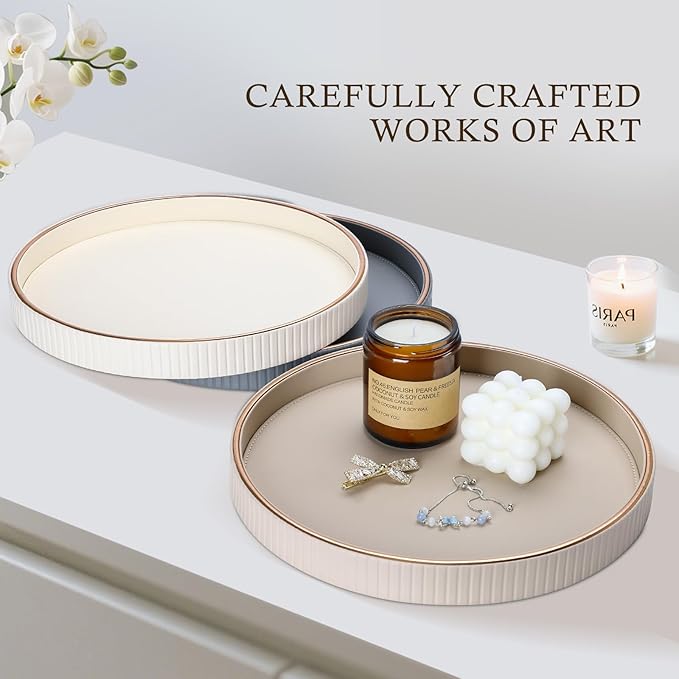 KINGFOM Round Decorative Tray, PU Leather Vanity Tray Organizer with Gold Trim for Dresser, Coffee Table & Bathroom Counter, Modern Home Decor Jewelry & Perfume Tray for Men Women (Beige)