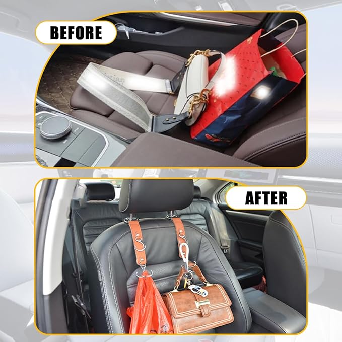 Car Seat Headrest Hook, 2PCS 3 in 1 Leather Vehicle Seat Back Hanger Holder for Grocery Purse Cloth Handbag, Automotive Backseat Storage Organizer, Universal for Truck SUV Sedan (Brown)