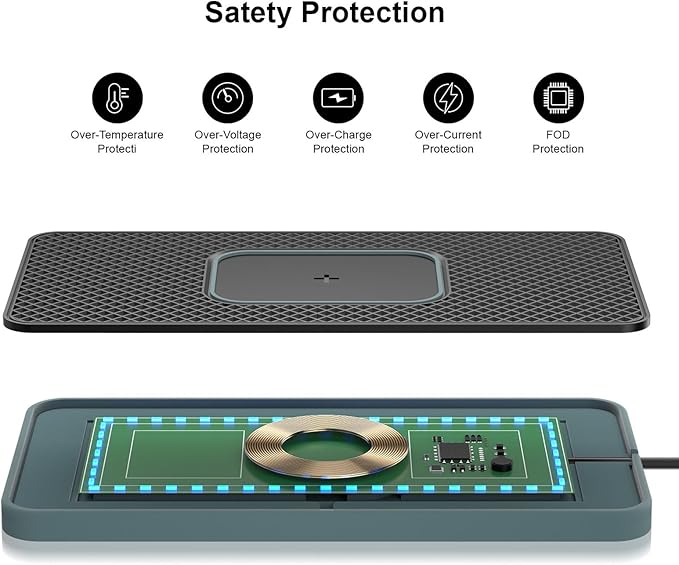 PUSOKEI Wireless Car Charger Pad, 20W Magnetic Fast Wireless Charging Mat with RGB LED Light, 30cm Cable & Cigar Lighter, Non Slip Base, for iOS & Android Phones