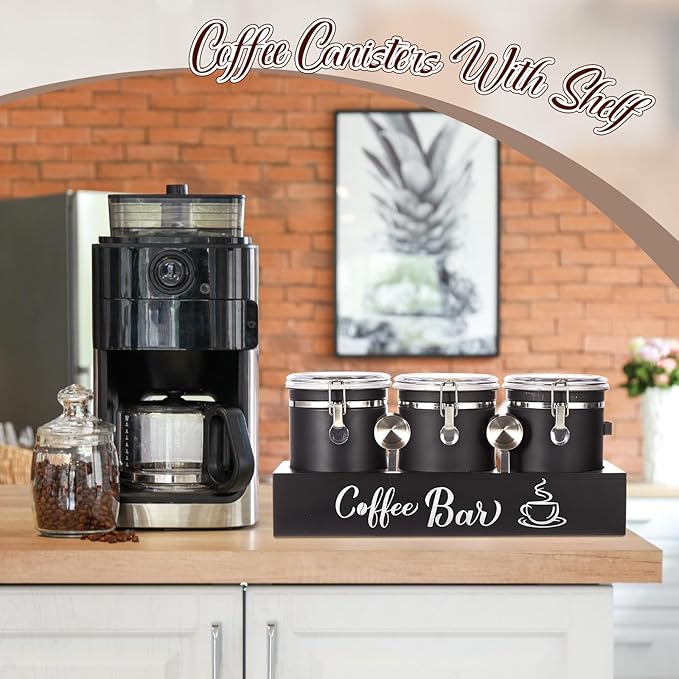 Domensi 3 x 66 oz Airtight Coffee Canisters with Shelf, Coffee Bean Storage Container 304 Stainless Steel Coffee Bean Storage with Airtight Locking Clamp and Scoop, Kitchen Food Storage Jar(Black)