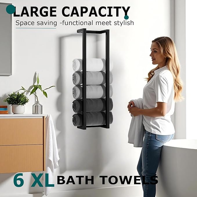 Towel Racks for Bathroom,VIDA-ZONE 304 Stainless Steel Towel Storage Racks for Rolled Bath Towels Can Hold 6-8 Large Towels,Wall Mounted 30 Inch Towel Organizer for Small Space Black Towel Holder