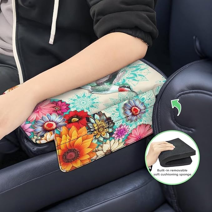 Dreaweet Boho Hummingbird Arm Rest Cover for Car Women Thick Center Console Armrest Pad with Pockets Auto Car Car Center Console Cushion Pad