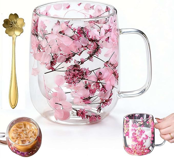 15.2Oz Double Glass Flower Tea Cup,Dried Flowers Insulated Glass Double Wall Coffee Mug With Handle,Transparent Doubles Glases Flower Tea Cup Latte Coffee Cups,Valentines Day Party Gifts