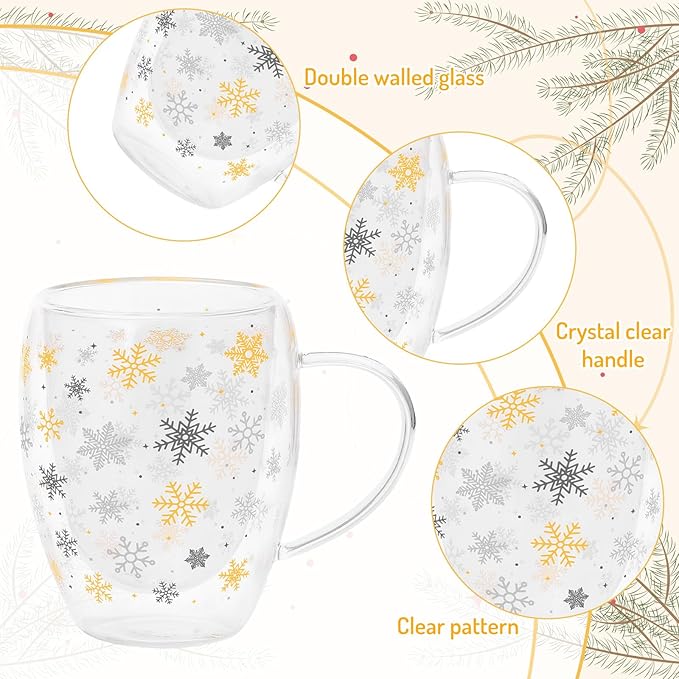 JarThenaAMCS Christmas Double Wall Glass Coffee Mugs 12Oz Gold Silver Snowflake Insulated Glasses Clear Espresso Cups with Handle for Winter Xmas Holiday Supplies, Set of 2