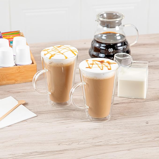 Restaurantware Glass Espresso Cups 12 Count 14 Ounces Borosilicate Double Wall Glass Coffee Mugs Insulated Clear Tea Drinkware for Hot or Cold Beverages