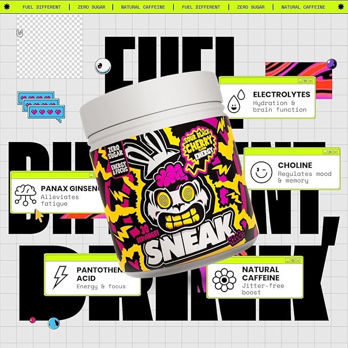 SNEAK Energy Drink Powder | Super Sour Cherry | No Sugar. No Nasties. Just Natural Caffeine, Focus-Boosting Nootropics | 30 Servings