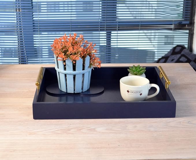 Decorative Tray with Polished Silver Metal Handles, Living Room Bathroom Coffee Bar Organizer Modern Tray for Decorative Accent Tray for Storage and Display (Sea Blue)