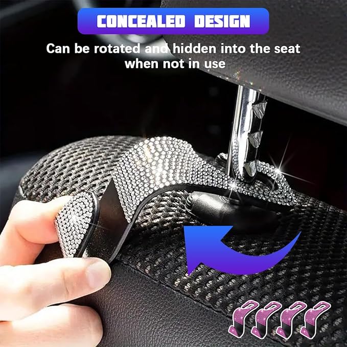 Bling Car Seat Headrest Hooks, 4PCS Crystal Rhinestone Vehicle Back Seat Hanger Holder for Handbags Purses Coats, Automotive Headrest Storage Organizer, Universal for RV SUV Truck (Pink)