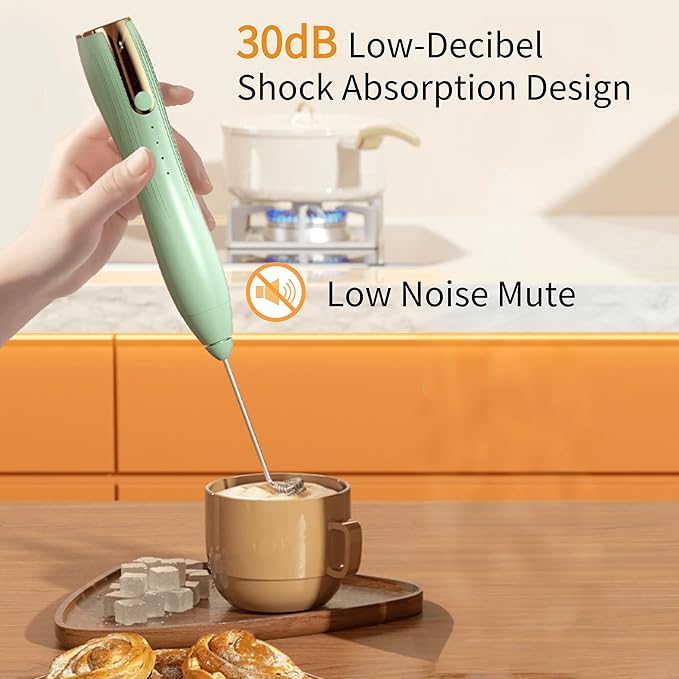 Rechargeable Milk Frother Handheld,Kitchen Essentials Hand Mixer with 3 Stainless Whisks Heads,Electric Whisk Frother for Latte, Cappuccino,Matcha, Egg, Milk Powder,with Stand (green)
