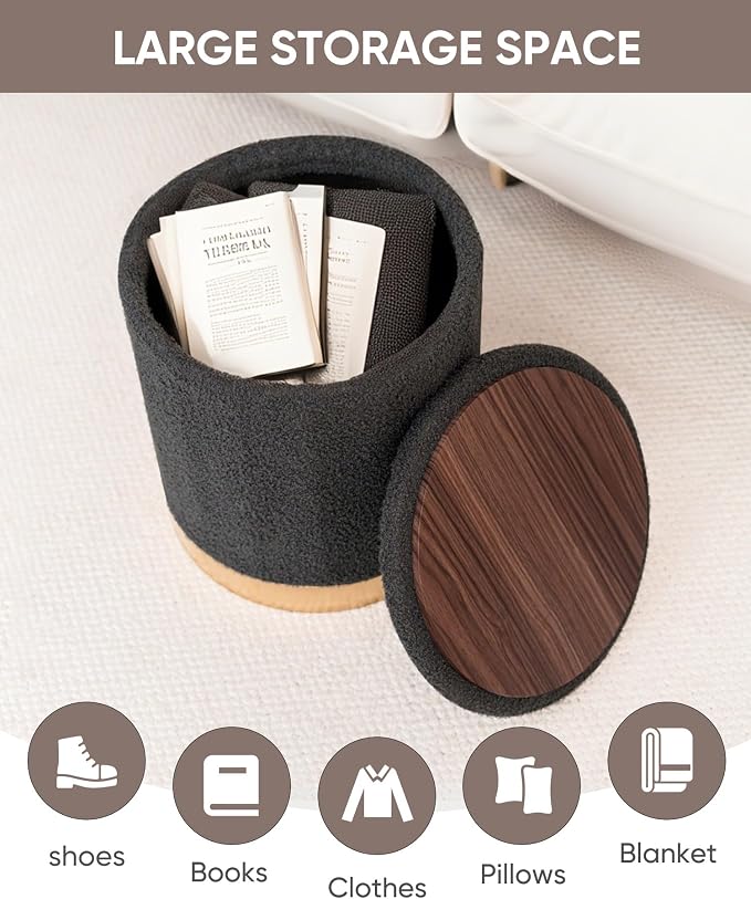 B FSOBEIIALEO Ottoman with Stroage, Round Boucle Storage Ottoman with Gold Plating Base,Foot Rest Stool for Dorm Room, Living Room Dark Grey, 14.76"x14.76"x16.34"