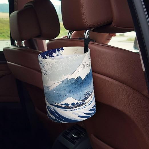 Japanese Blue White Wave Car Trash Can Garbage Cans Foldable,Cute Hanging Car Organizer and Storage Bag Leak Proof, Auto Back Seat Trash Bin Universal for Truck, SUV, Outdoor Travel