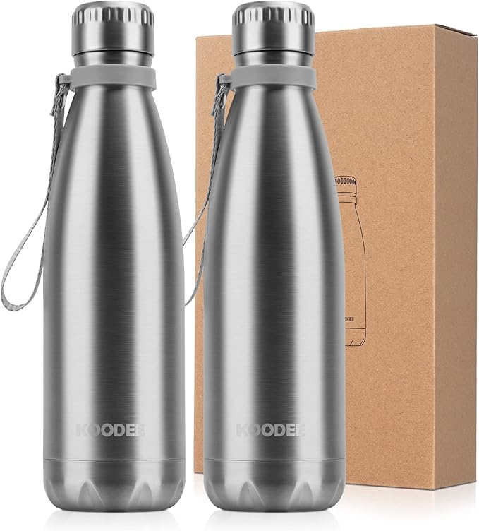 koodee Insulated Stainless Steel Water Bottle(2 Pack) Double Wall Vacuum Leak Proof Sports Water Bottle, 17 oz Cola Shape Travel Thermal Flask(2 Pack Stainless Steel)