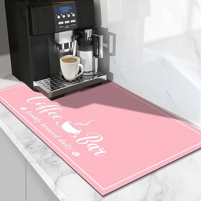 Absorbent Coffee Mat, Fashion Dish Drying Mat for Kitchen Counter Coffee Bar Accessories Espresso Machine Dish Rack 16" x 24" Pink