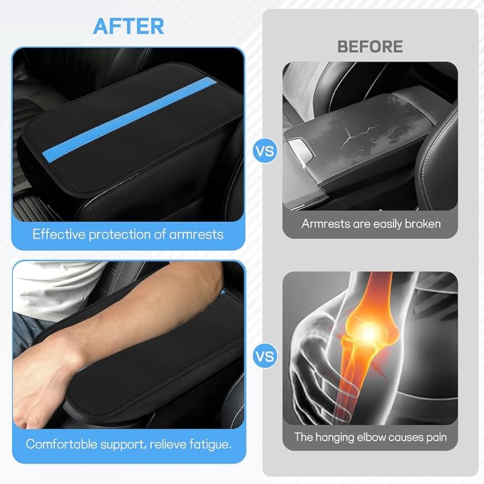 wuyaoyao Car Center Console Cover, 12.6"×7.87" PU Leather Armrest Cover for Cars, Stylish Auto Armrest Cushion Pad, Waterproof Vehicle Arm Rest Protector, Interior Car Accessories (Black+Blue)
