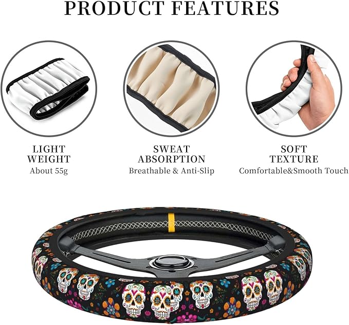 Flower Skull Pattern Neoprene Steering Wheel Covers Women Men Car Accessories, Universal 15 Inch Fit Auto, Suvs, Truck