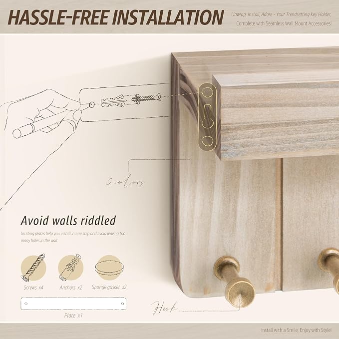 Rebee Vision Key Holder Wall Mount for Farmhouse Decor - Key and Mail Holder for Wall with 7 Sturdy Key Hooks and Floating Shelf - Ideal for Apartment Essentials (Natural Wood