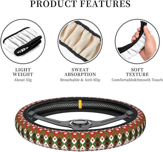 Elastic Steering Wheel Cover, Christmas Animal Paw Prints Universal 15 Inch Non-Slip Breathable Steering Wheel Protector, Car Accessories Fit Auto, Suvs, Truck, Sedans