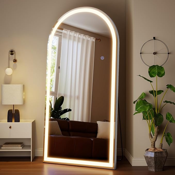 VooBang 71"x30" LED Large Mirror Full Length - Arched Floor Body Mirror with Dimmable Lights - 3 Color Modes, Standing Leaning Wall Mounted for Bedroom, Dressing Room