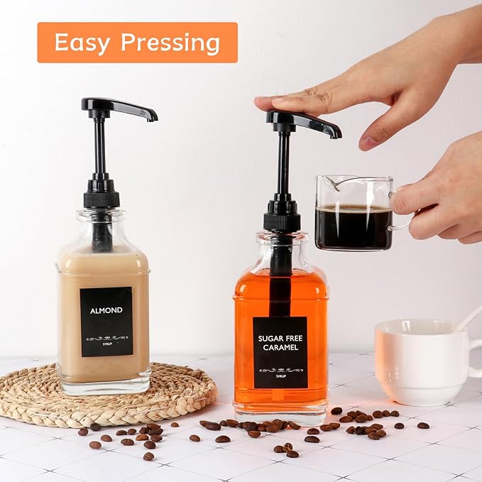 BIGIVACA 4 Pack Coffee Syrup Dispenser 16 oz,Clear Glass Syrup Bottle with 1/4oz Capacity Pump,Syrup Dispenser for Coffee Bar with Plastic Pump