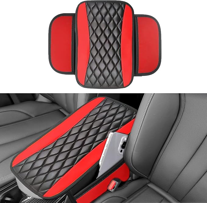 Leather Car Center Console Cover with Side Storage Pockets, Universal Leather Waterproof Armrest Pad Protector & Organizer for Cars, Vehicles, SUVs Interior Decor Stylish Car Decoration (Red)