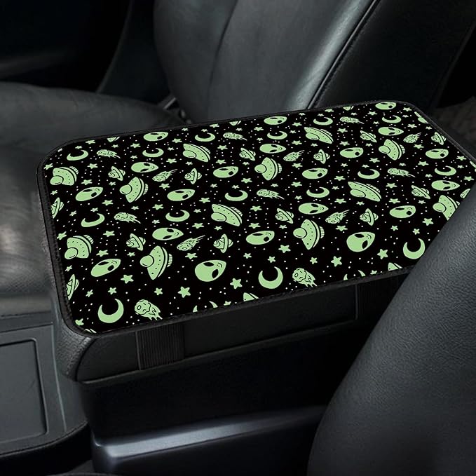 Car Center Console Cover, Universal Soft Large Neoprene Auto Armrest Seat Box Cover, Funny Car Decor Accessories Fit for Most Cars, Vehicles, SUVs Green Aliens Spaceships