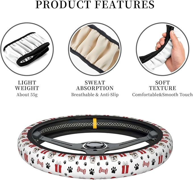 Elastic Steering Wheel Cover, Christmas Bulldog Universal 15 Inch Non-Slip Breathable Steering Wheel Protector, Car Accessories Fit Auto, Suvs, Truck, Sedans