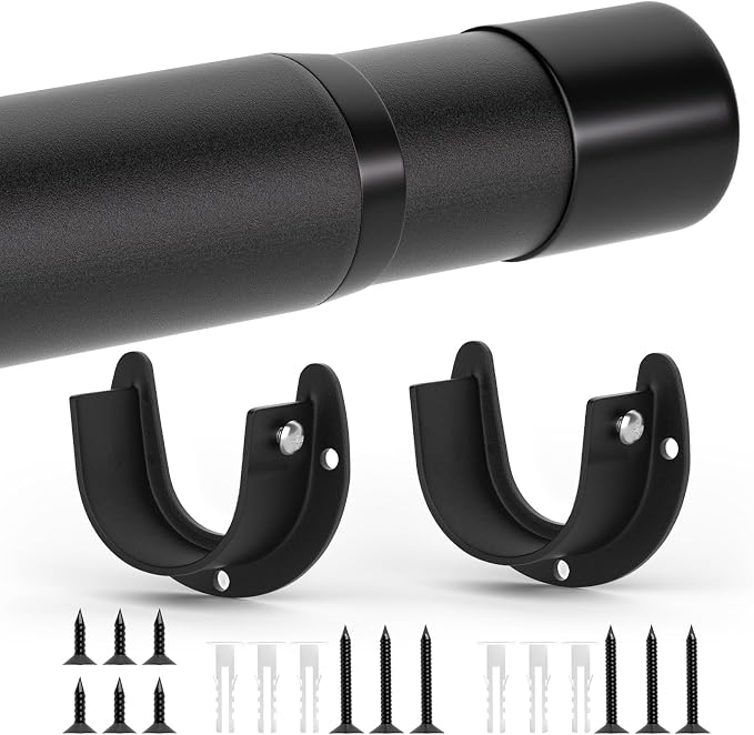 SUTINE Closet Rods for Hanging Clothes, 17 to 53 Inch Closet Rod, Heavy Duty Adjustable Clothes Hanging Bar Rod Matte Black Closet Poles for Wardrobes, Closet, Bathroom, Windows,1.3 Inch Diameter