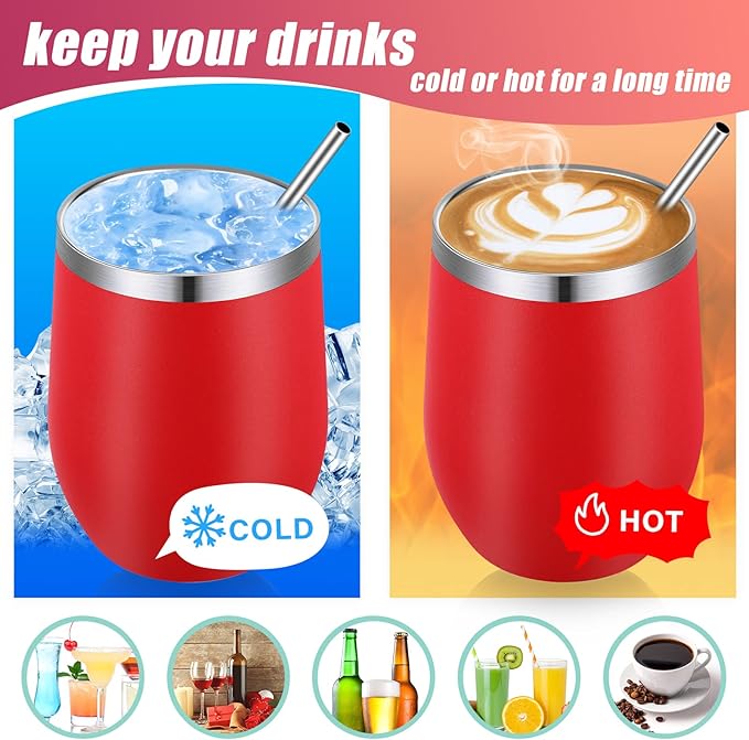 16 Pack Stainless Steel Wine Tumblers 12 oz Insulated Vacuum Wine Cup Set Double Wall Stainless Steel Stemless Mug Glasses for Coffee Soda Whiskey Outdoor Travel (Red)