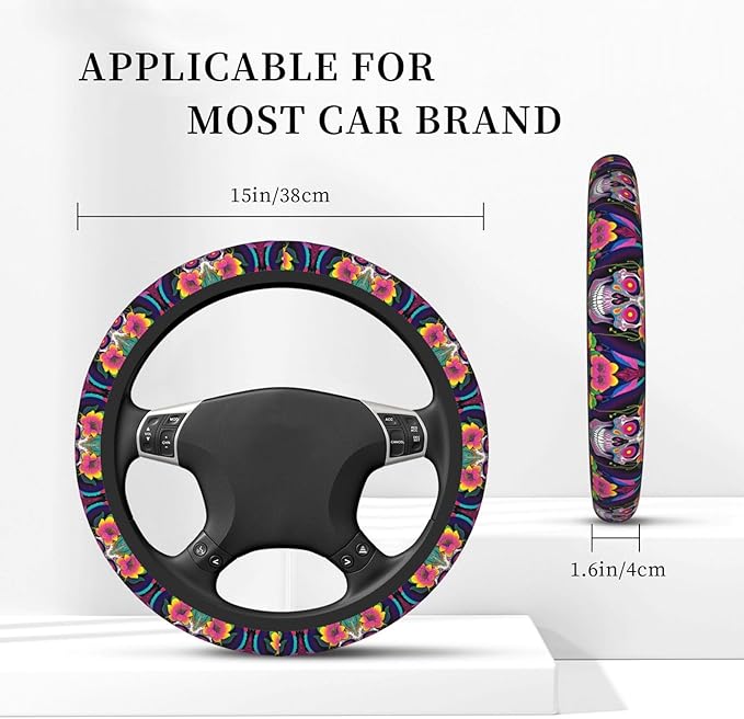 Psychedelic Pot Leaf Skull Floral Universal Fit Steering Wheel Cover for Car, Truck, and SUV, Durable Steering Wheel Protection