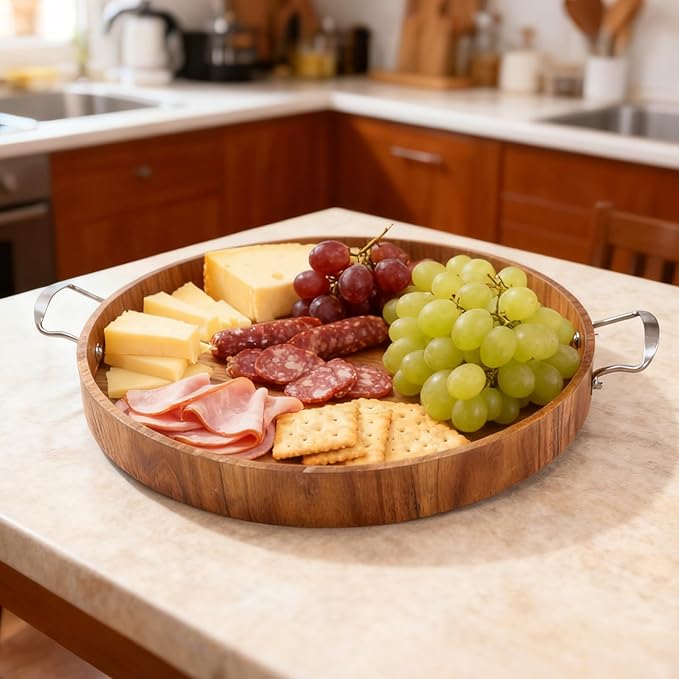 Large Round Tray 20" Round Wooden Tray Ottoman Tray with Handles Elegance and Easy to Pick Up, Tray for Ottoman Wood Serving Tray Decorative Trays for Daily Use and Party with Friends and Family