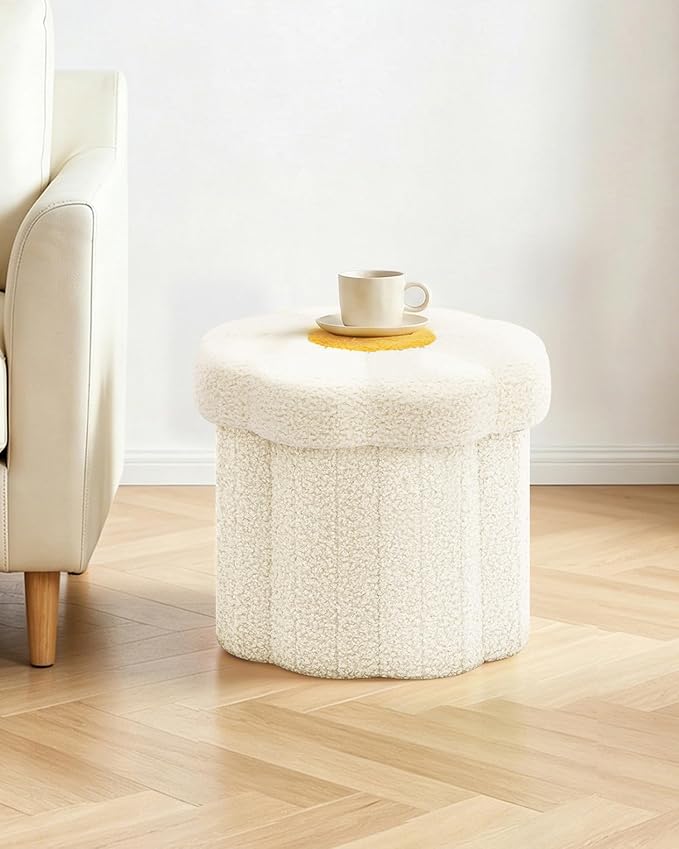 B FSOBEIIALEO Storage Ottoman Foldable, Sunflower Shaped Small Footrest Collapsible Folding Seat Bench for Bedroom Living Room Entryway, Faux Teddy Fur, White 12.6"x12.6"x11.4"