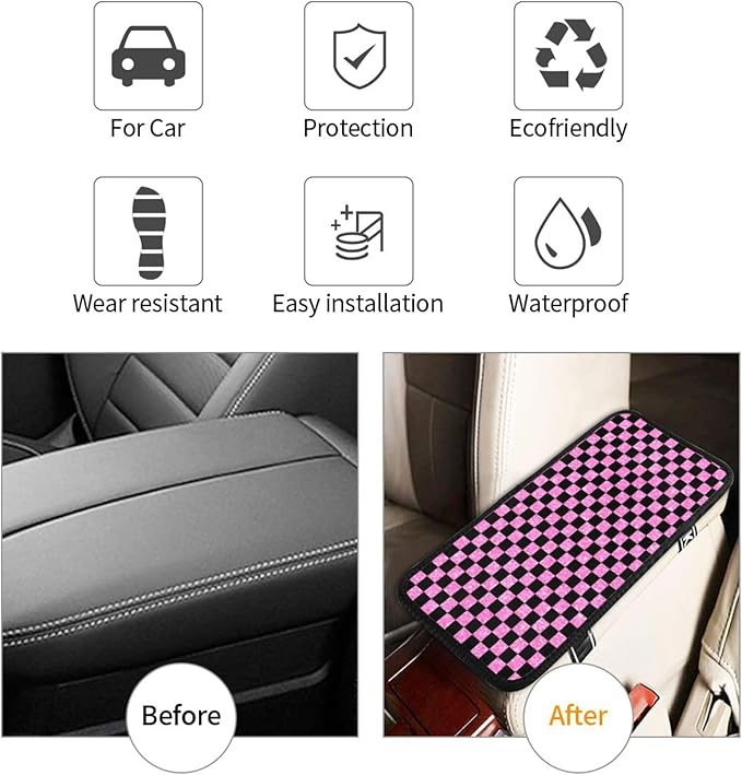 Glitter Pink Black Checkered Chessboard Flag Car Armrest Pad Cute Cars Center Console Cover Auto Handrail Box Cushion Armrests Cover