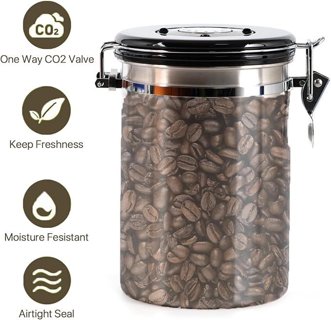 SUEIANNMN1.8L Coffee Canister Airtight, 26oz Coffee Storage Container Stainless Steel Air Tight Coffee Jar with Scoop, Date Tracker, 2 Extra CO2 Release Valve for Beans Ground Tea Flour Sugar (Black)