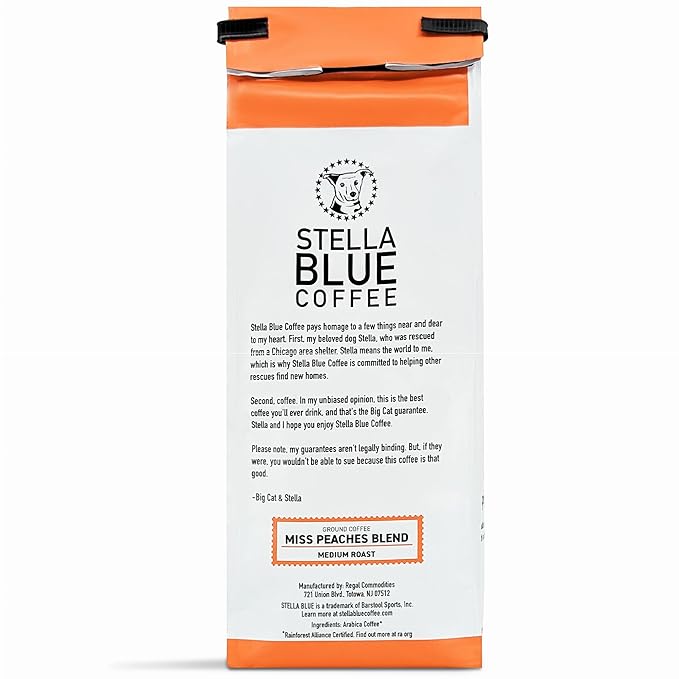 Stella Blue Ground Coffee, Miss Peaches Blend, Medium Roast, Fresh Coffee Ground 100% Arabica, Smooth Balanced Roast with Distinct Flavor Notes, Ethically Sourced Coffee Beans, 12 oz Bag